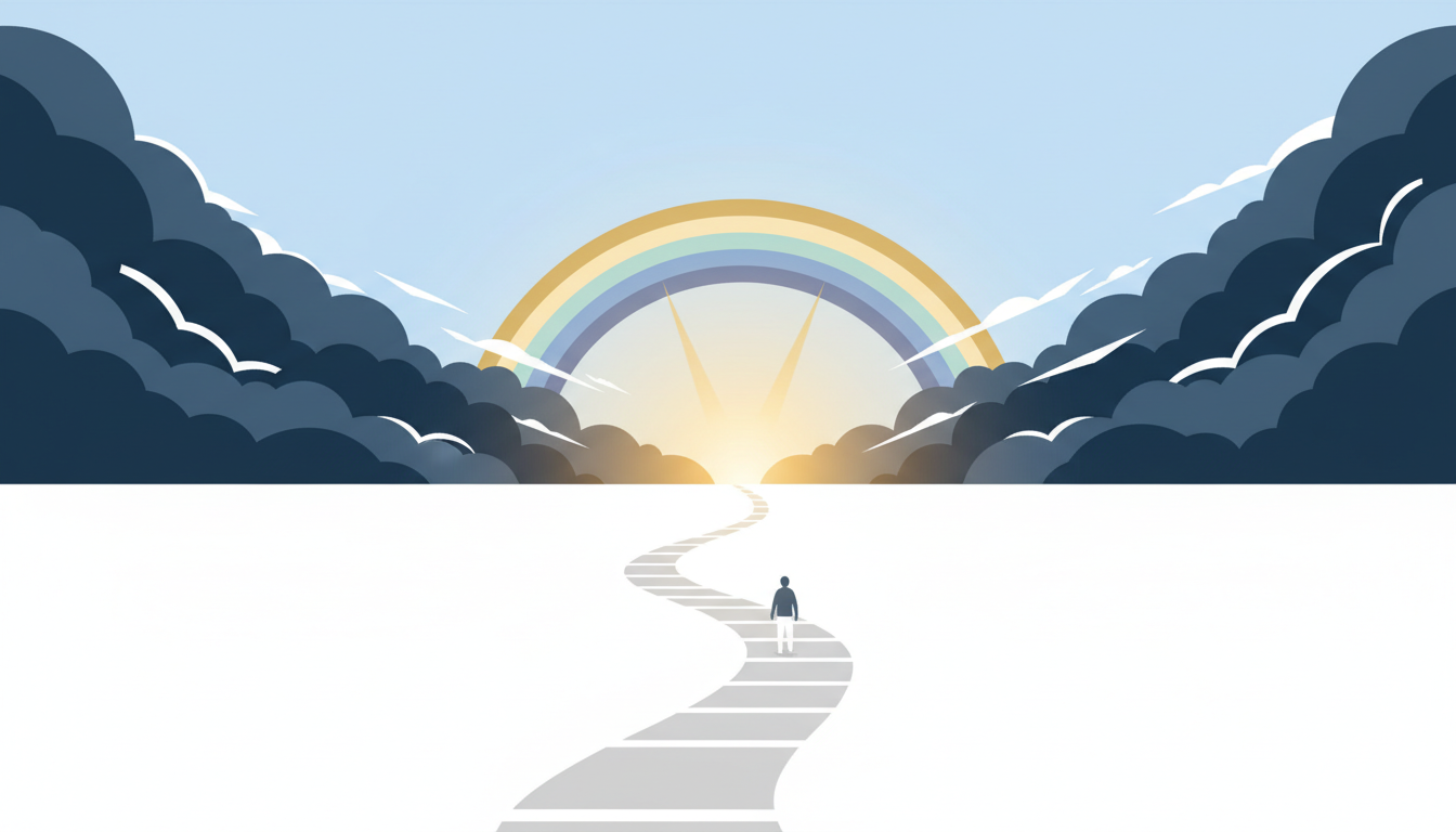 Ilustración de esperanza: un camino hacia el horizonte donde la luz atraviesa las nubes
